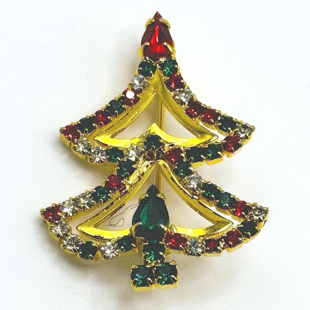 Vintage Christmas Tree Brooch Gold Tone Red Green Clear Rhinestone Holiday Pin